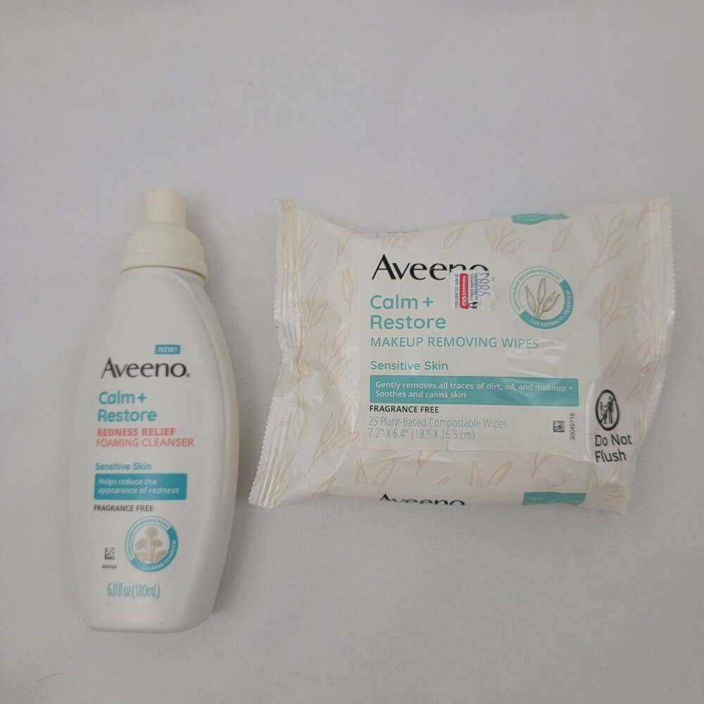 AVEENO Calm+ Restore Bundle Set Foaming Cleanser and Makeup Removing Wipes